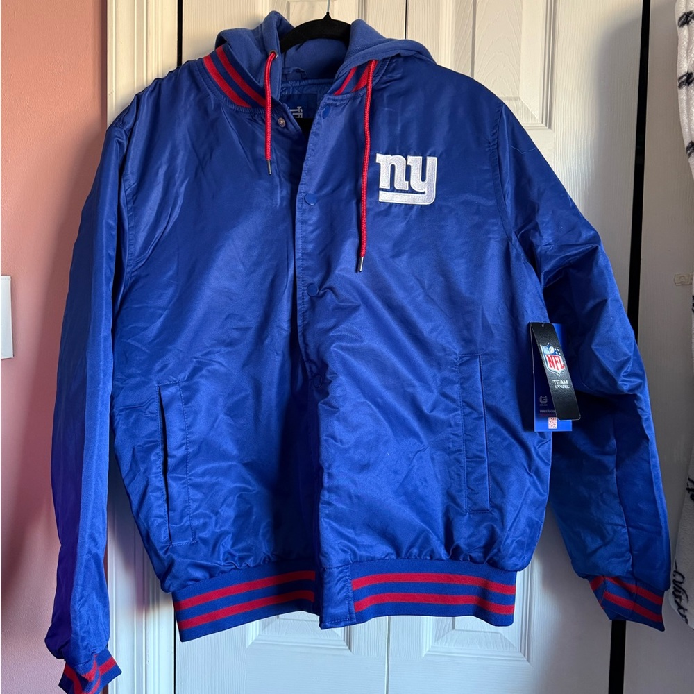 NWT NFL NEW YORK GIANTS Blue Varsity bomber Jacket with hood and Red Trim LARGE